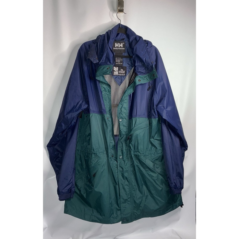 Helly Hansen Jacket Mens XL Green Blue Helly Tech HH Packable Hooded Rain Coat